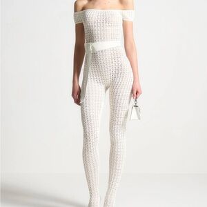 Maniere De Voir Pointelle Knit Bardot Jumpsuit With Belt - Cream. XS.